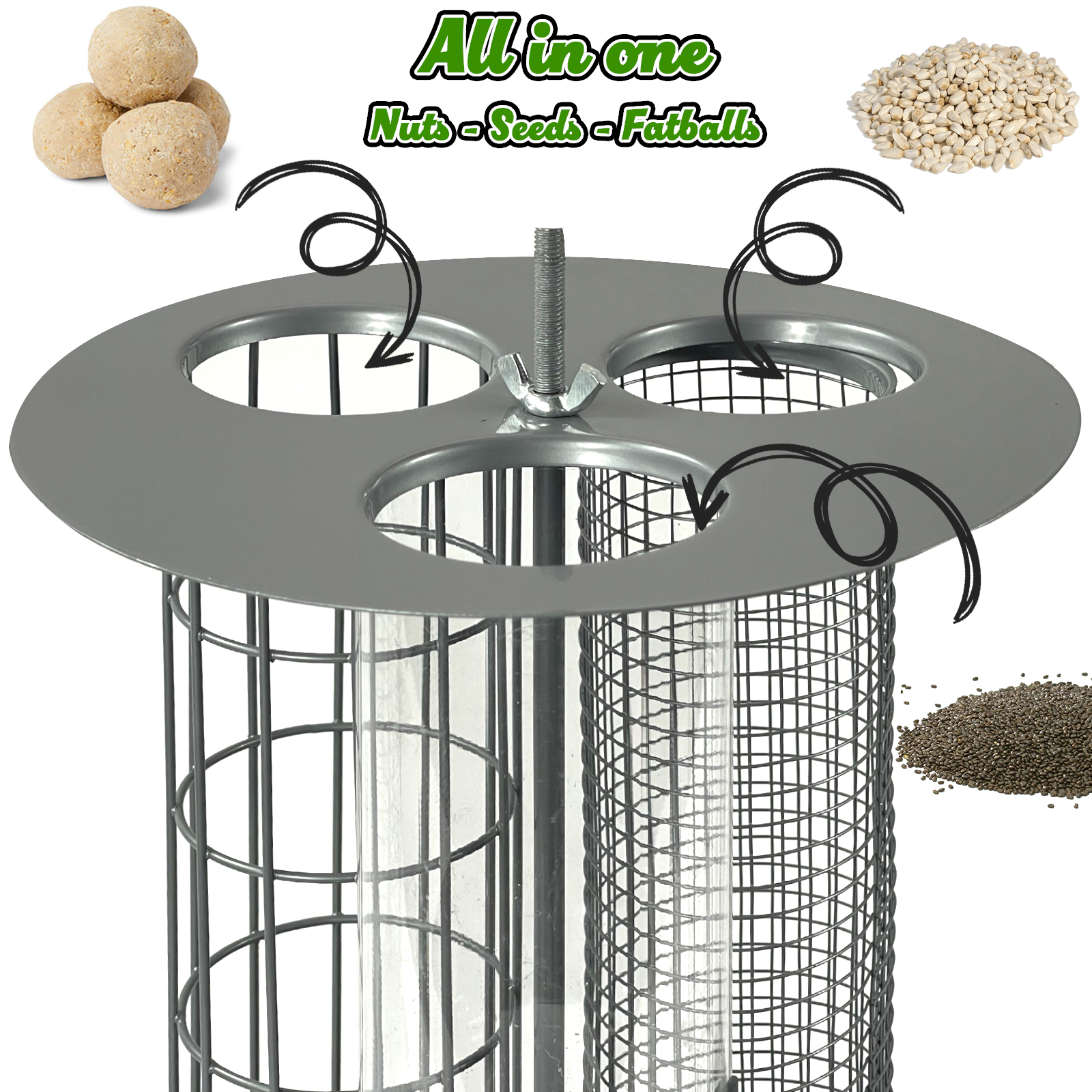 3 in 1 Bird Feeder - Seeds, Nuts & Fat Ball