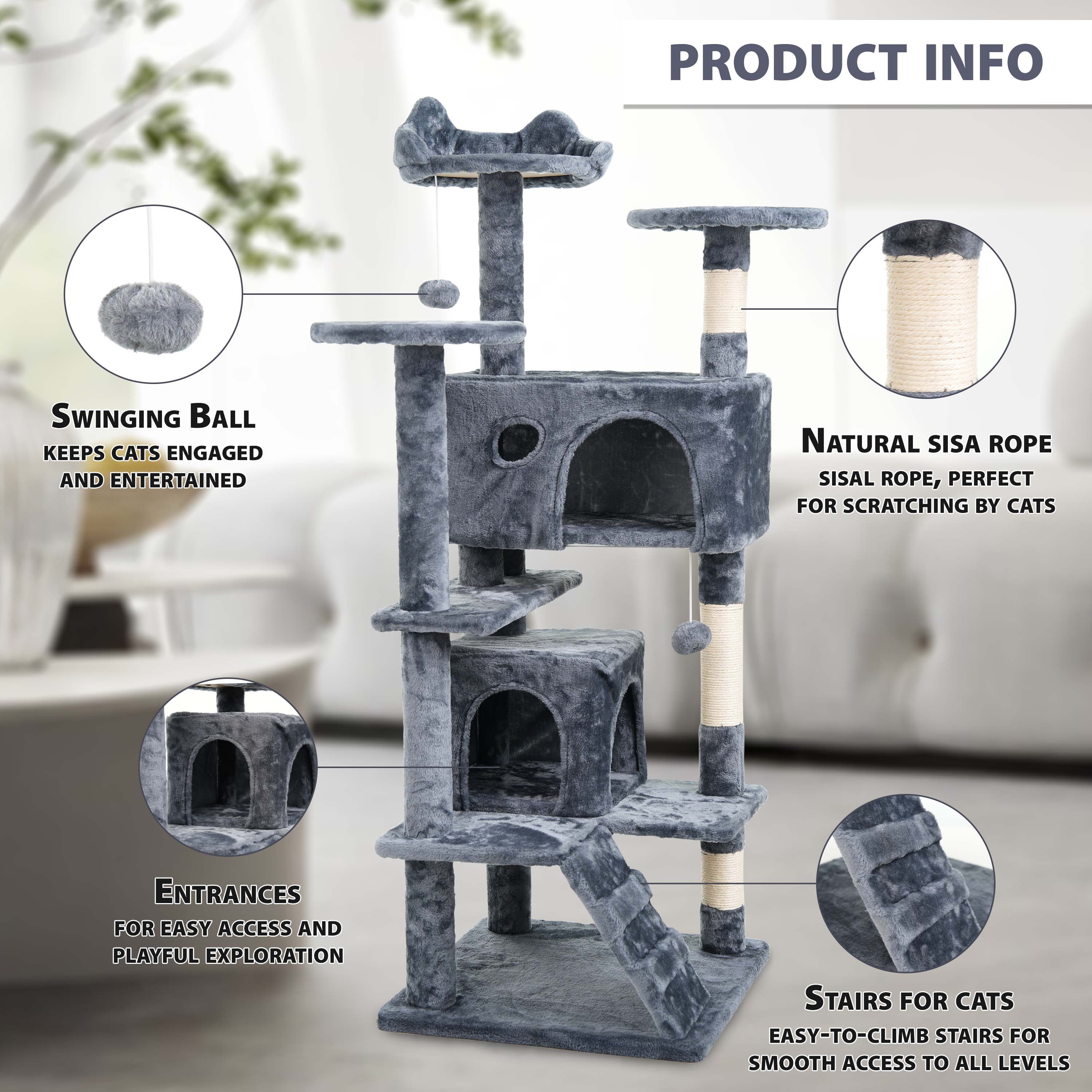 138cm Large Cat Tree Multilevel Scratching Post