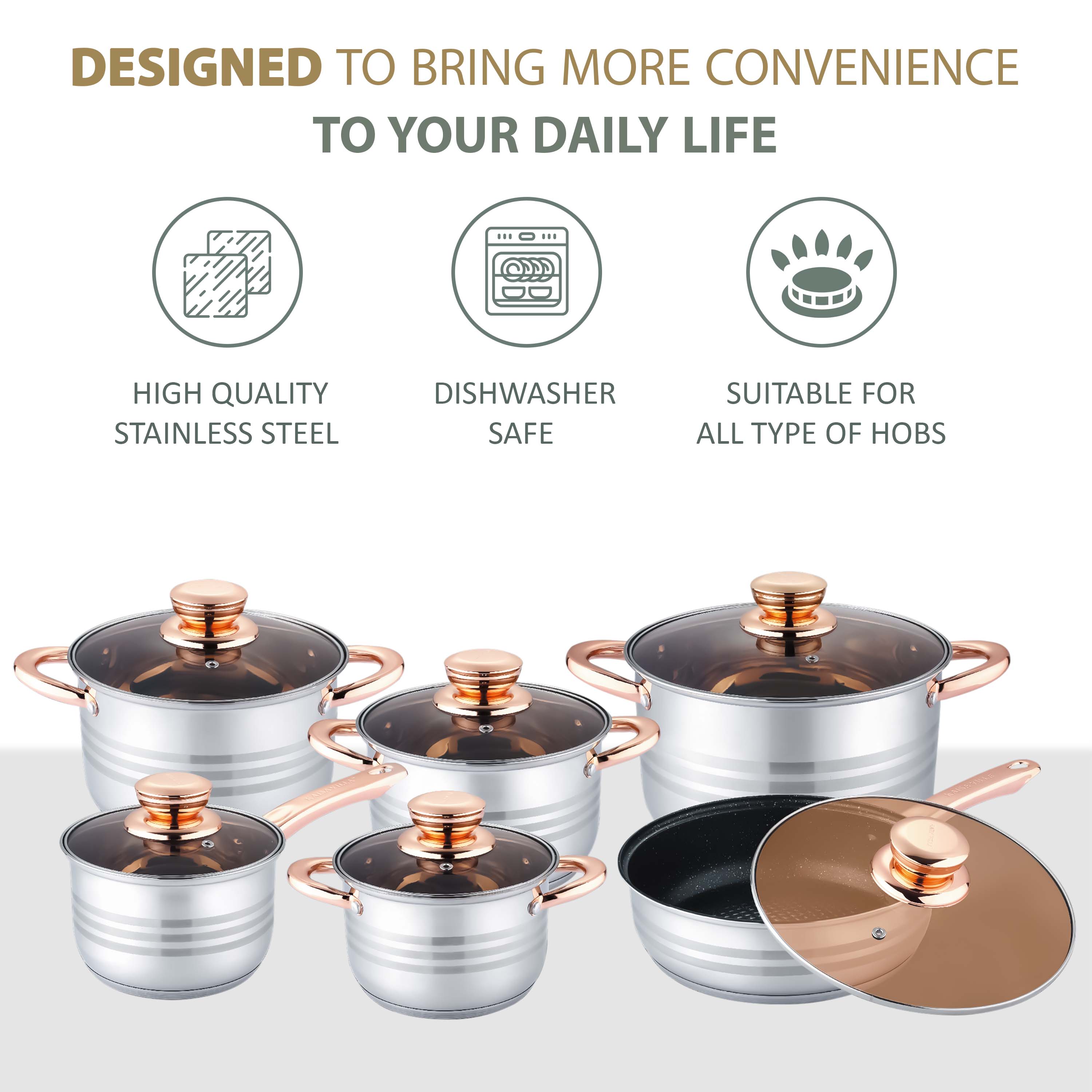 12Pcs Stainless Steel Cookware Set With Glass Lids