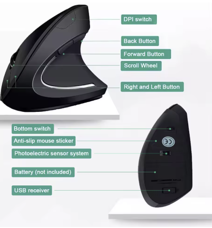 Ergonomic Vertical Wireless Mouse 2.4GHz – 6 Button Optical Mice with 3 Adjustable DPI (800/1200/1600) for Laptop, PC & Desktop Computers