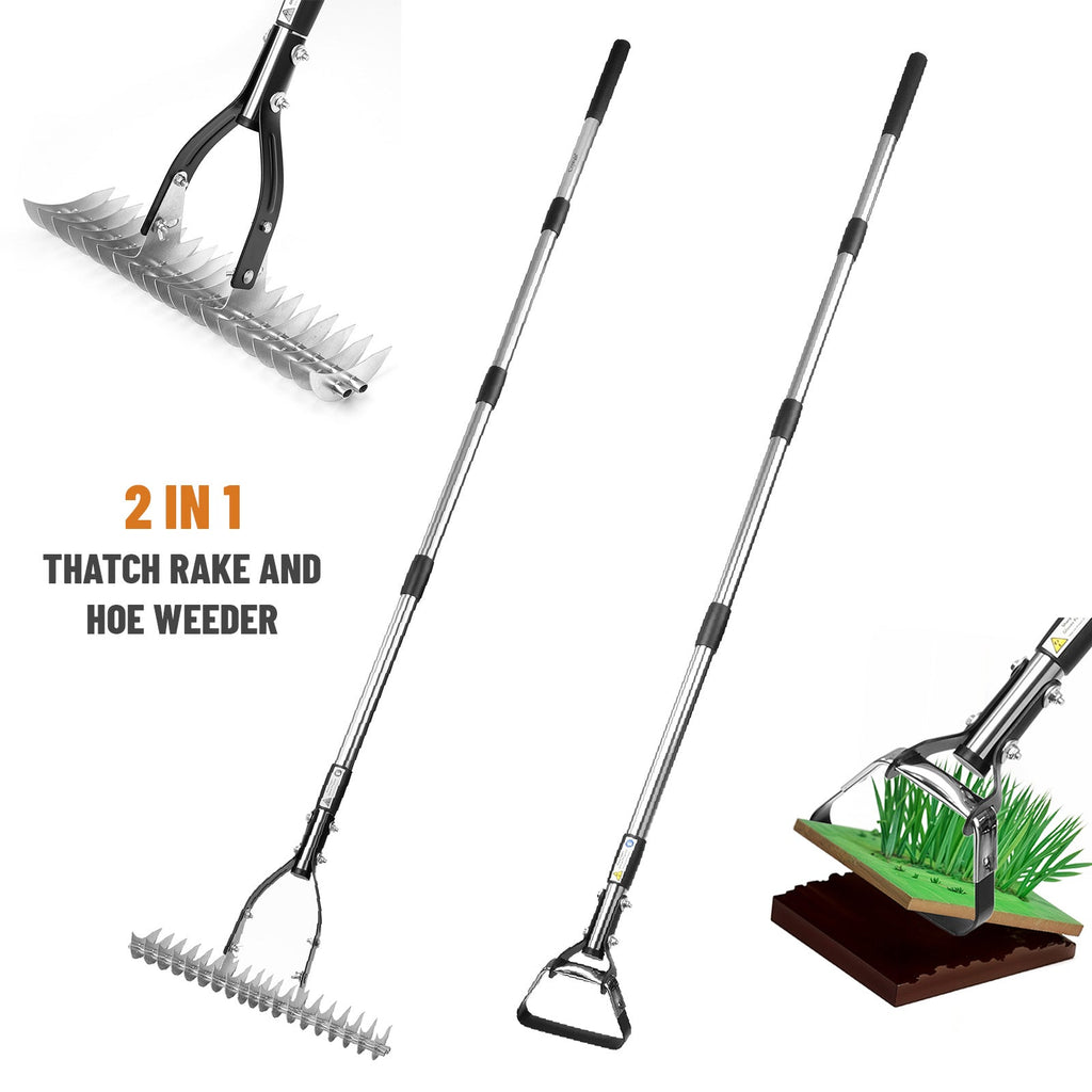 2 in 1 Garden Long Handle Thatch Rake + Hoe
