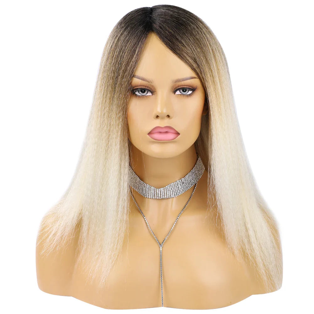 Wholesale 14 Inch Yaki Straight Afro Light Brown Lace Hair Wig Glueless Synthetic Middle Part Women  Machine-Made Long Wigs