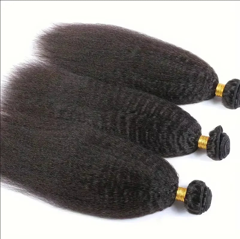 Kinky Straight Human Hair Weave Bundles Deal Raw Virgin Hair Double Weft Yaki Straight Hair Extensions With Closure Frontal