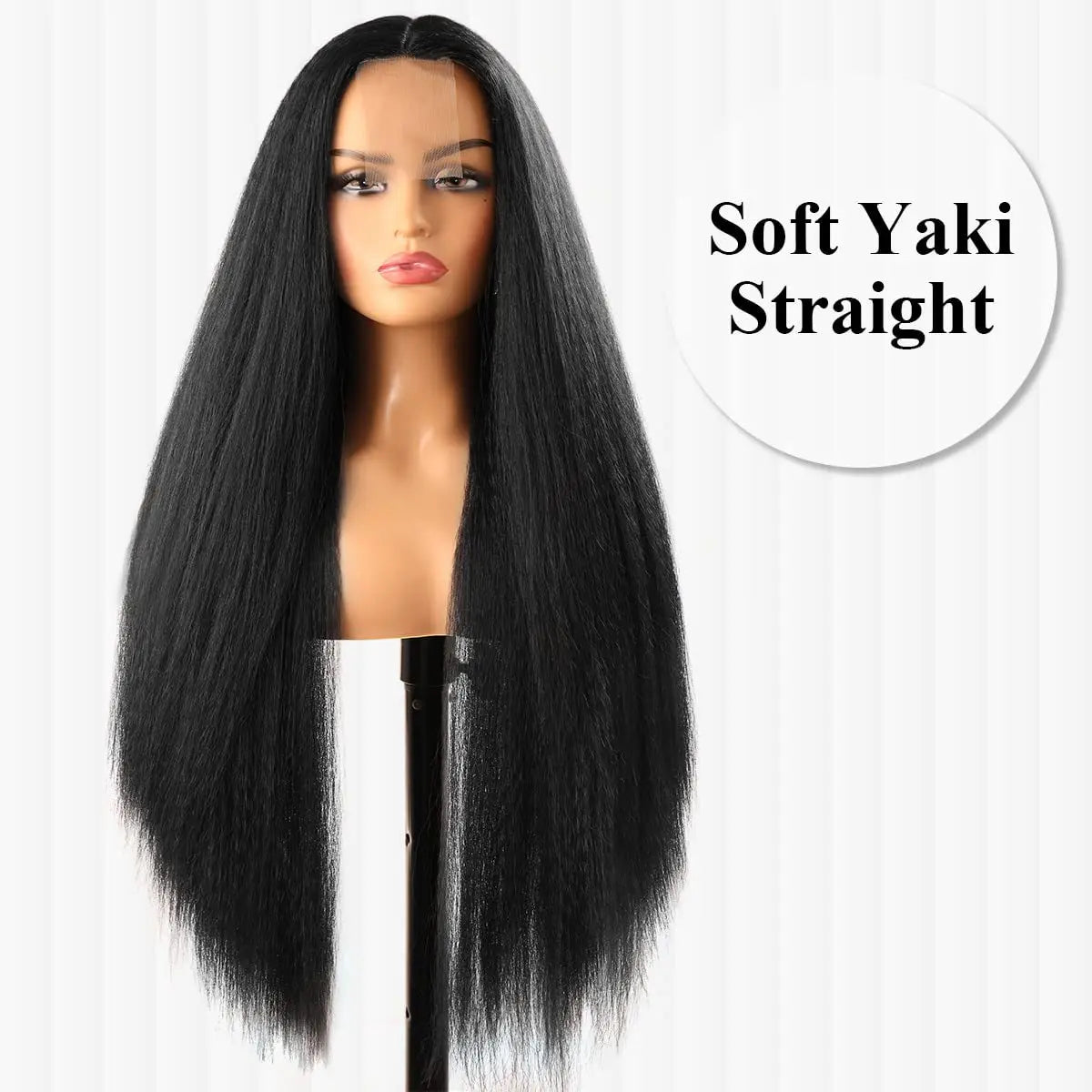 32-Inch Middle Center Part Hair Wig Yaki Kinky Straight Afro Synthetic Fiber Glueless Machine-Made Wigs Women