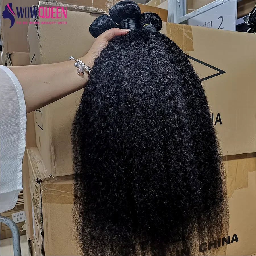 Kinky Straight Human Hair Weave Bundles Deal Raw Virgin Hair Double Weft Yaki Straight Hair Extensions With Closure Frontal