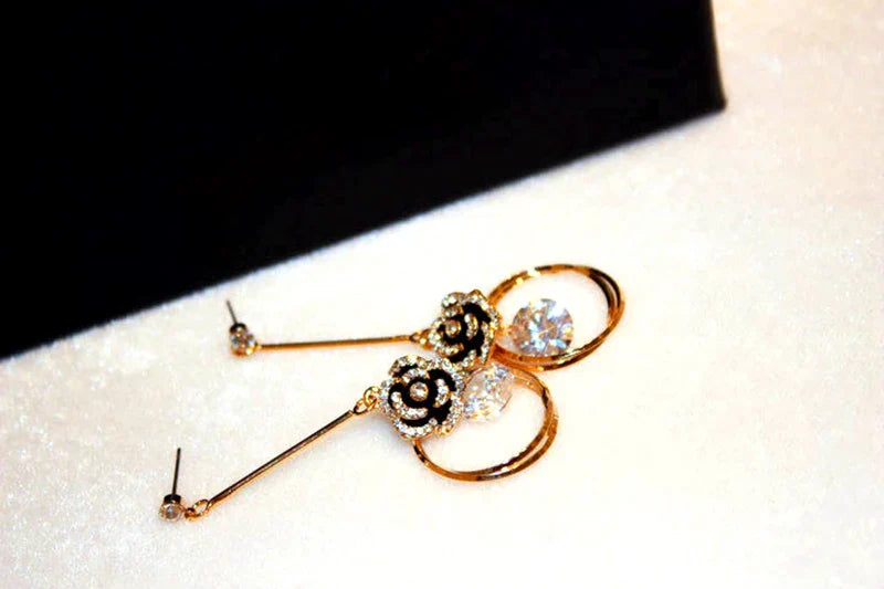 Korea Fashion Black Enamel Camellia Earrings Women Luxury brand Long Big Cubic Zirconia Drop Earrings Wedding Jewelry Z277
