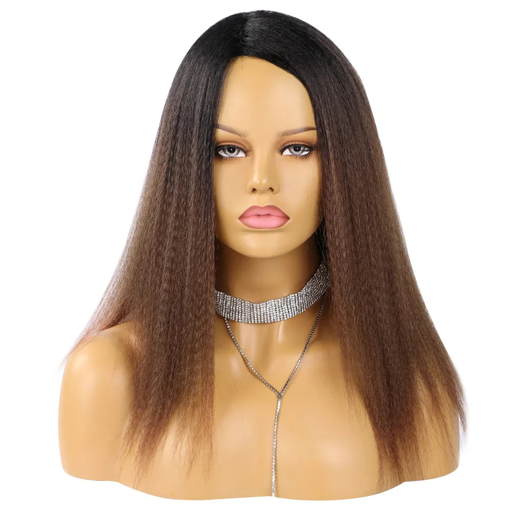 Wholesale 14 Inch Yaki Straight Afro Light Brown Lace Hair Wig Glueless Synthetic Middle Part Women  Machine-Made Long Wigs