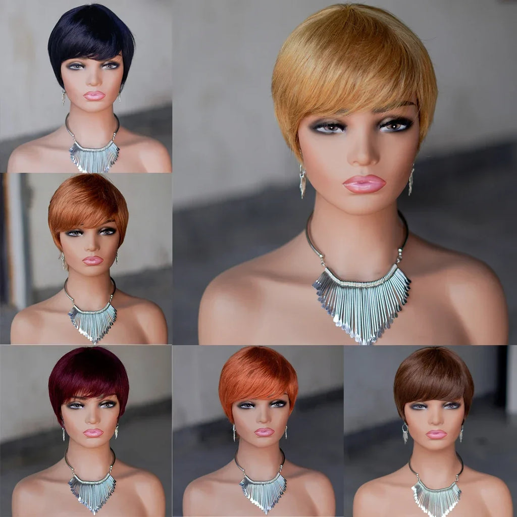 Pixie Cut Human Hair Wig Short Straight  Layered Full Machine Made Wig 100% Remy Human Hair for Black Women Natural