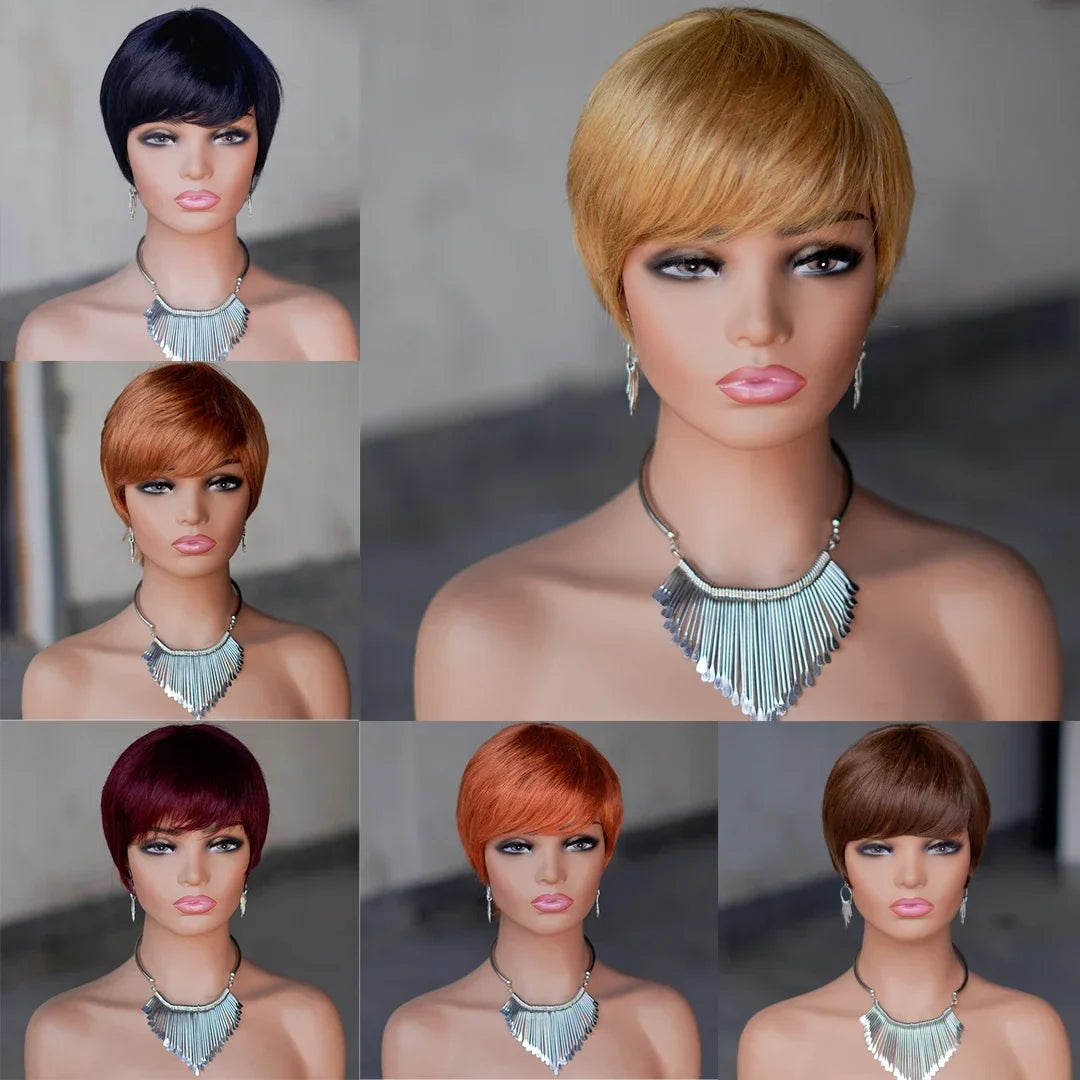Pixie Cut Human Hair Wig Short Straight  Layered Full Machine Made Wig 100% Remy Human Hair for Black Women Natural