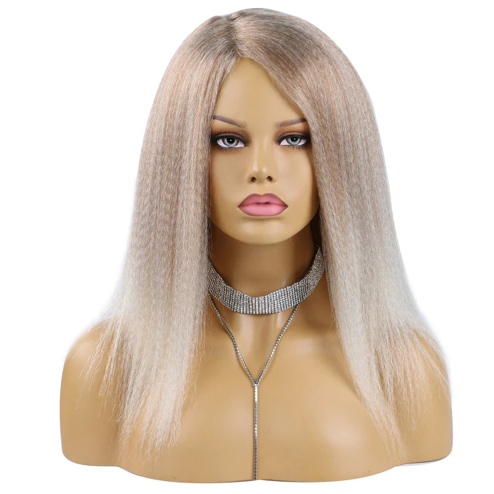 Wholesale 14 Inch Yaki Straight Afro Light Brown Lace Hair Wig Glueless Synthetic Middle Part Women  Machine-Made Long Wigs