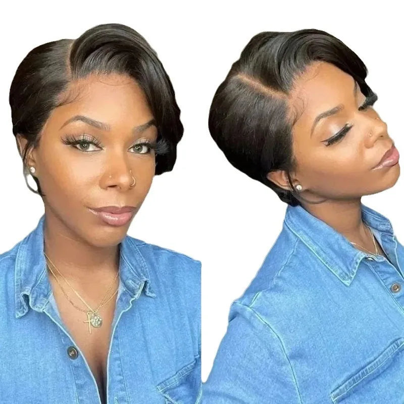 8 Inch 13*4 Pixie Short Straight Remy Hair Wig French Lace Base Material Transparent Lace Front Human Hair Frontal Extension