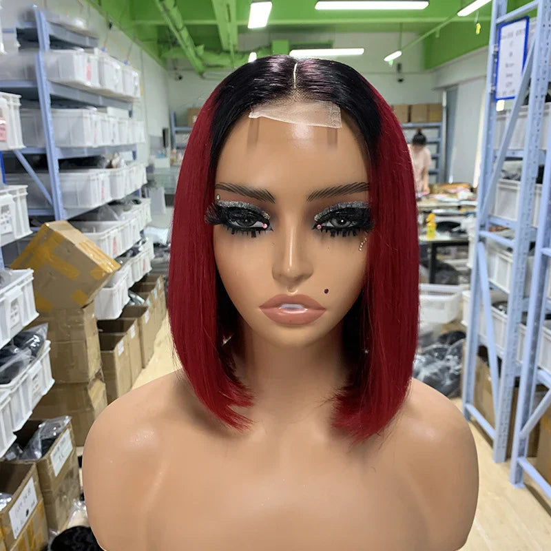 Short Medium Split Non-glue Human Hair Wig Double Straightened Bob Front Lace 6-12 Inches Black Transparent European Hair Mix