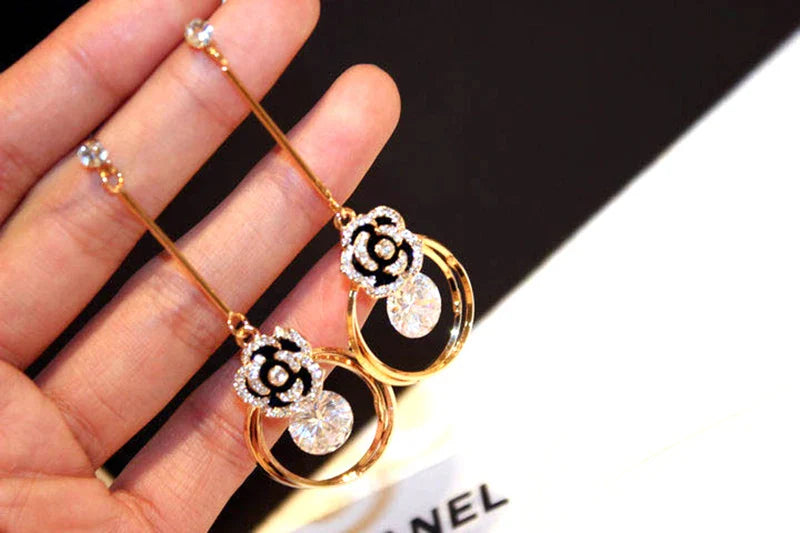 Korea Fashion Black Enamel Camellia Earrings Women Luxury brand Long Big Cubic Zirconia Drop Earrings Wedding Jewelry Z277