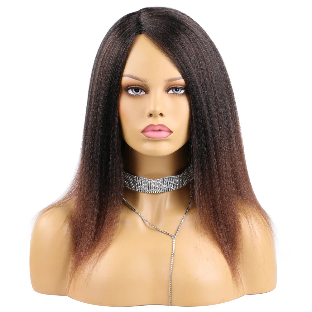 Wholesale 14 Inch Yaki Straight Afro Light Brown Lace Hair Wig Glueless Synthetic Middle Part Women  Machine-Made Long Wigs