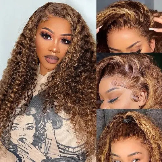 13x6 Highlight Wig Human Hair Deep Wave HD Lace Front Human Hair Wig P4/27 Ombre Brown Blonde Lace Front Wigs for Black Women