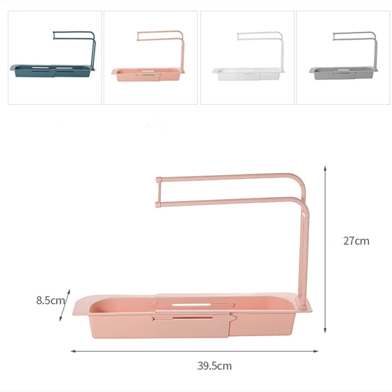 Telescopic Sink Shelf Kitchen Self Draining Rack Soap Sponge Storage Basket Holder Rag Towel Bar Household Supplies