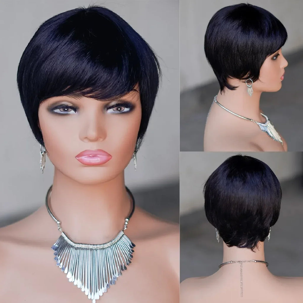 Pixie Cut Human Hair Wig Short Straight  Layered Full Machine Made Wig 100% Remy Human Hair for Black Women Natural