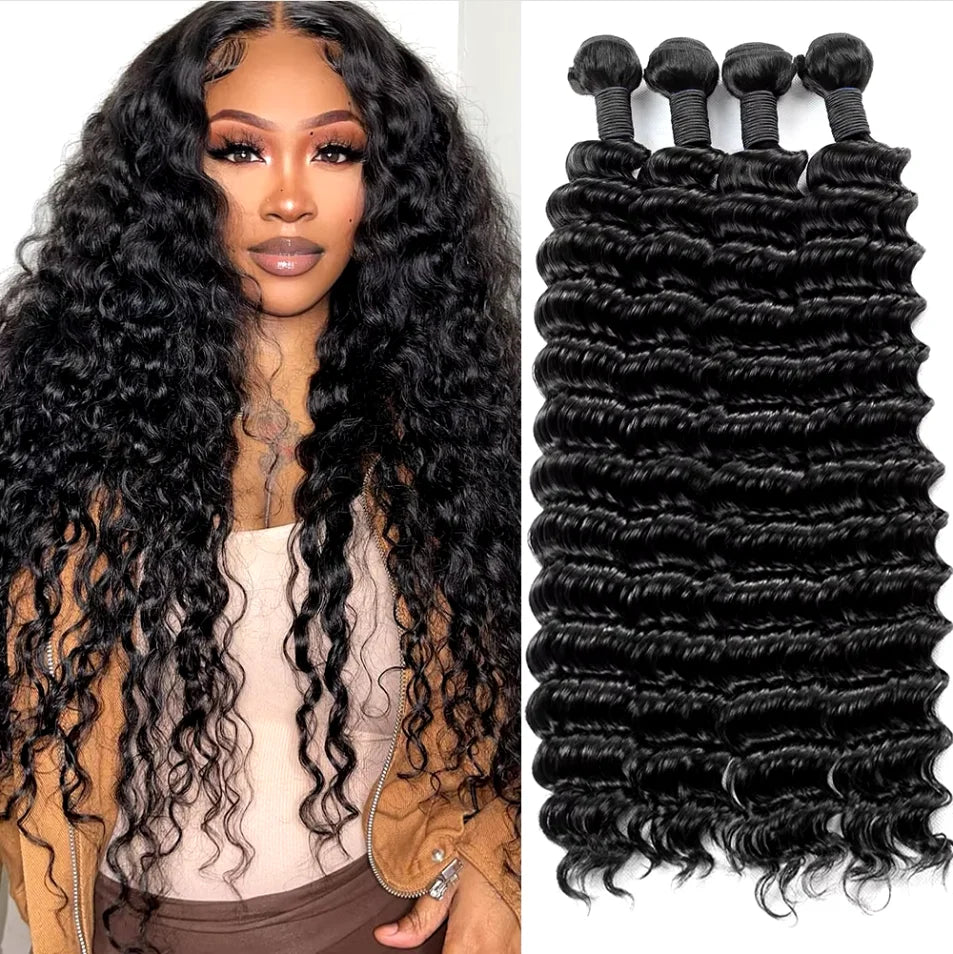 Deep Wave Bundles Human Hair Brazilian Raw Hair 12A Grade Bundles 100% Natural Deep Curly Remy Hair Extensions 3 4 Bundles Deal