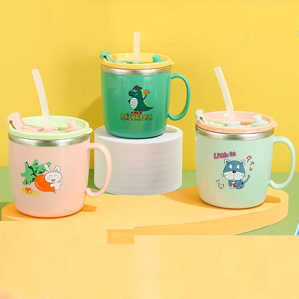 Stock 304 Stainless Steel Children's Water Cup with Cover Double Anti-scalding Anti-drop Cartoon Milk Cup Straw Thermos Cup