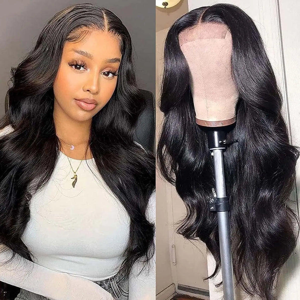 Wholesale Body Wave Style 4X4 Closure Wigs Natural Black Color 180% High Density Brazilian Human Hair Transparent Lace Wigs