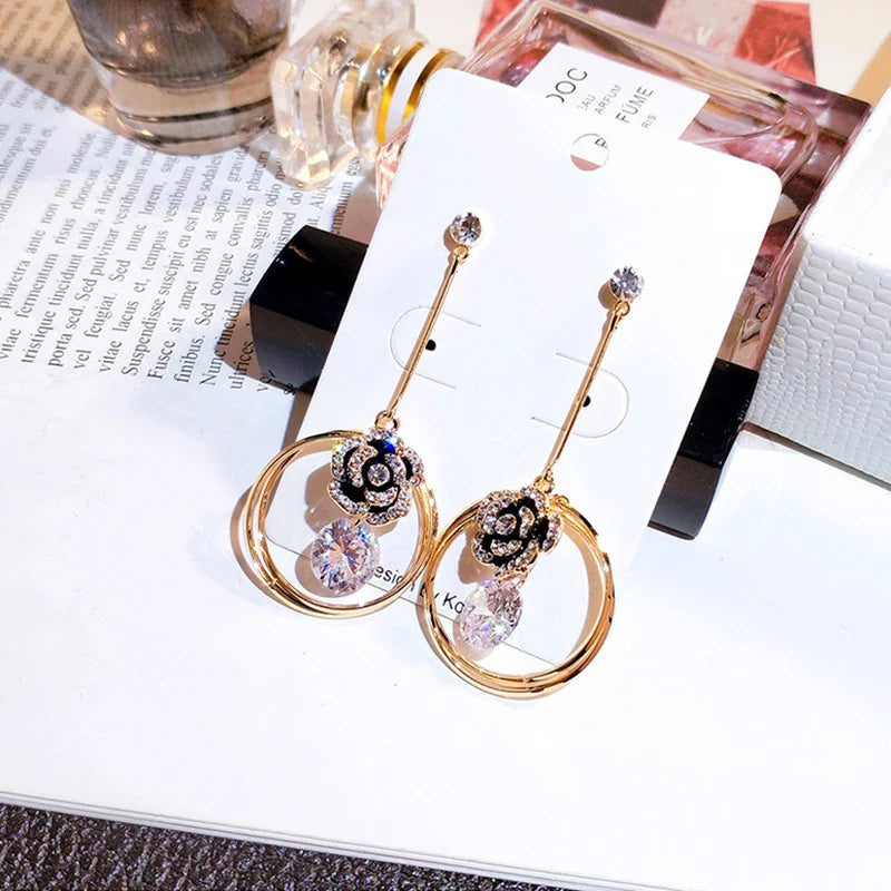 Korea Fashion Black Enamel Camellia Earrings Women Luxury brand Long Big Cubic Zirconia Drop Earrings Wedding Jewelry Z277