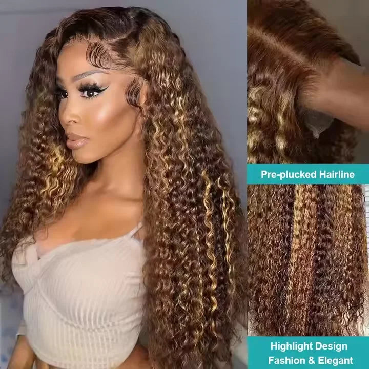 4/27 Highlight Ombre Honey Blonde Kinky Curly 13x4 HD Transparent Lace Front Wigs for Black Women Brazilian Human Hair Wig