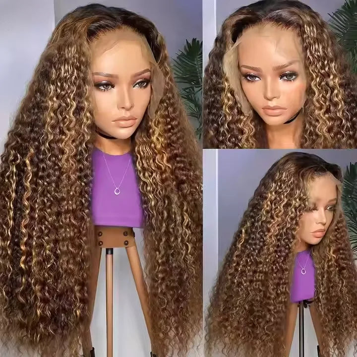 4/27 Highlight Ombre Honey Blonde Kinky Curly 13x4 HD Transparent Lace Front Wigs for Black Women Brazilian Human Hair Wig