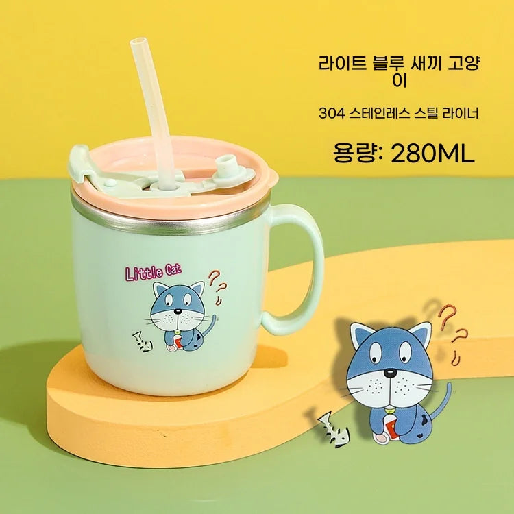 Stock 304 Stainless Steel Children's Water Cup with Cover Double Anti-scalding Anti-drop Cartoon Milk Cup Straw Thermos Cup