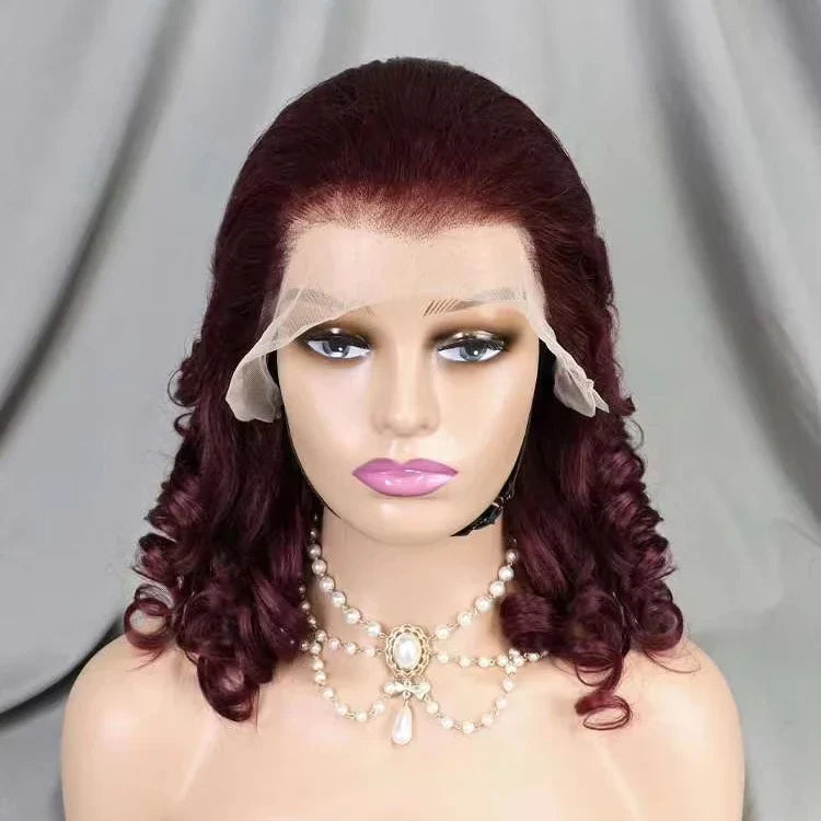 Wholesale 13*4 Full Frontal Lace Spring Curly Brazilian Wig 16 Inch 220% Density 99J Raw Human Hair Wig for Black Women