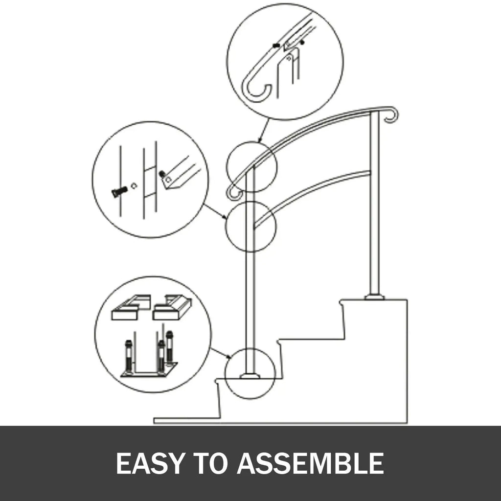 VEVOR Wrought Iron Handrail Fits 1 or 5 Steps with Installation Kit Hand Rails for Outdoor Steps Transition Handrail Stair Rail