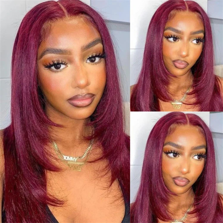 99J Straight Layer Haircut Wig 5x5 Pre-cut Lace Closure Butterfly Hair Wig Burgundy Layered Human Hair Wig Glueless