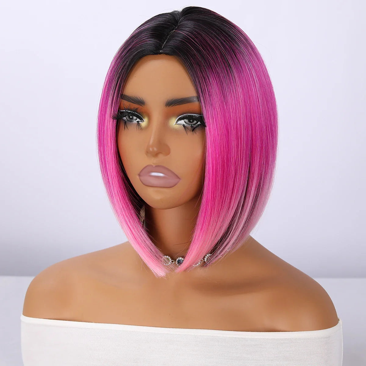 Wholesale Dark Hair Root Short pink Layered Gradient Synthetic Hair Wig Straight Hair Without Bangs Bangs Natural Appearance 539
