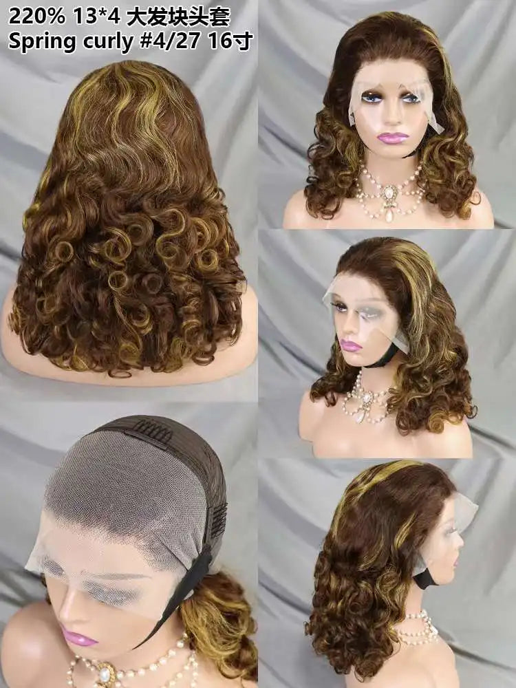 Wholesale 13*4 Full Frontal Lace Spring Curly Brazilian Wig 16 Inch 220% Density 99J Raw Human Hair Wig for Black Women