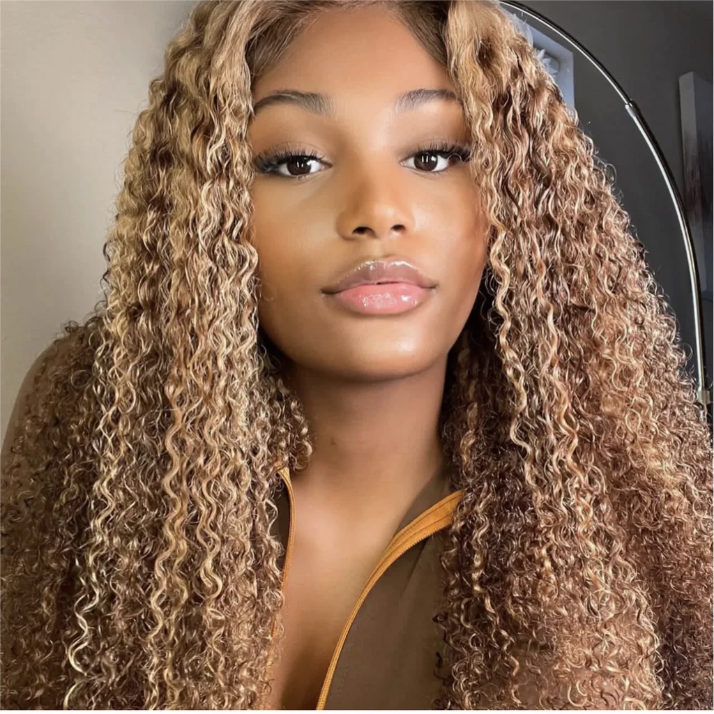 4/27 Highlight Ombre Honey Blonde Kinky Curly 13x4 HD Transparent Lace Front Wigs for Black Women Brazilian Human Hair Wig