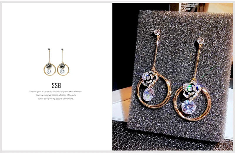 Korea Fashion Black Enamel Camellia Earrings Women Luxury brand Long Big Cubic Zirconia Drop Earrings Wedding Jewelry Z277
