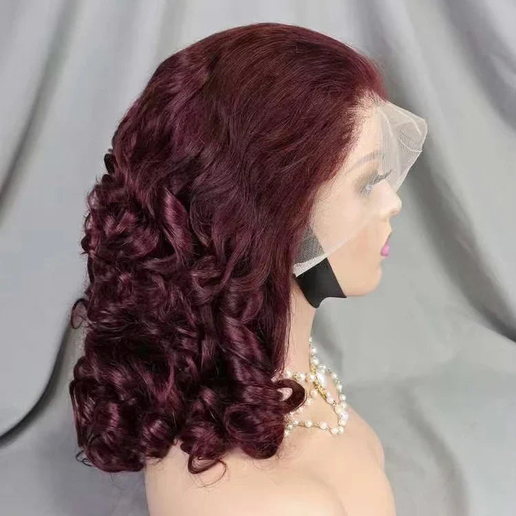 Wholesale 13*4 Full Frontal Lace Spring Curly Brazilian Wig 16 Inch 220% Density 99J Raw Human Hair Wig for Black Women