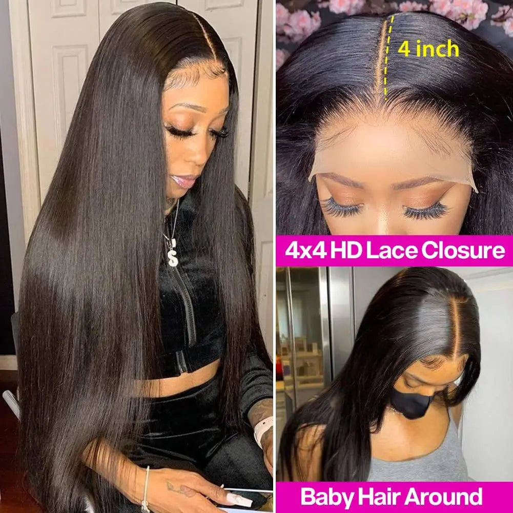 Wholesale Body Wave Style 4X4 Closure Wigs Natural Black Color 180% High Density Brazilian Human Hair Transparent Lace Wigs