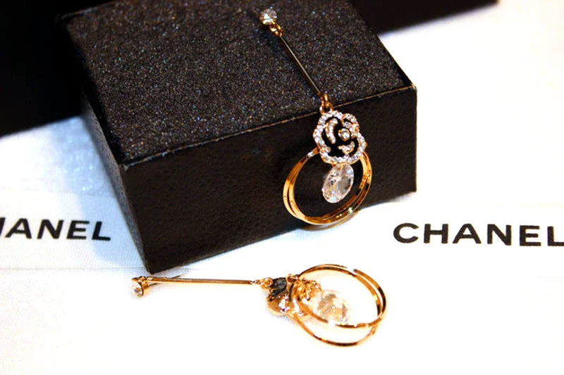 Korea Fashion Black Enamel Camellia Earrings Women Luxury brand Long Big Cubic Zirconia Drop Earrings Wedding Jewelry Z277