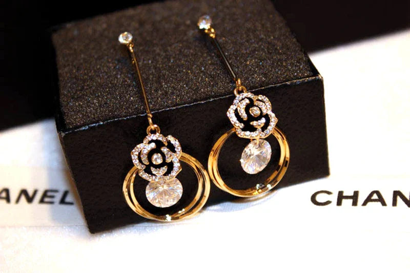 Korea Fashion Black Enamel Camellia Earrings Women Luxury brand Long Big Cubic Zirconia Drop Earrings Wedding Jewelry Z277