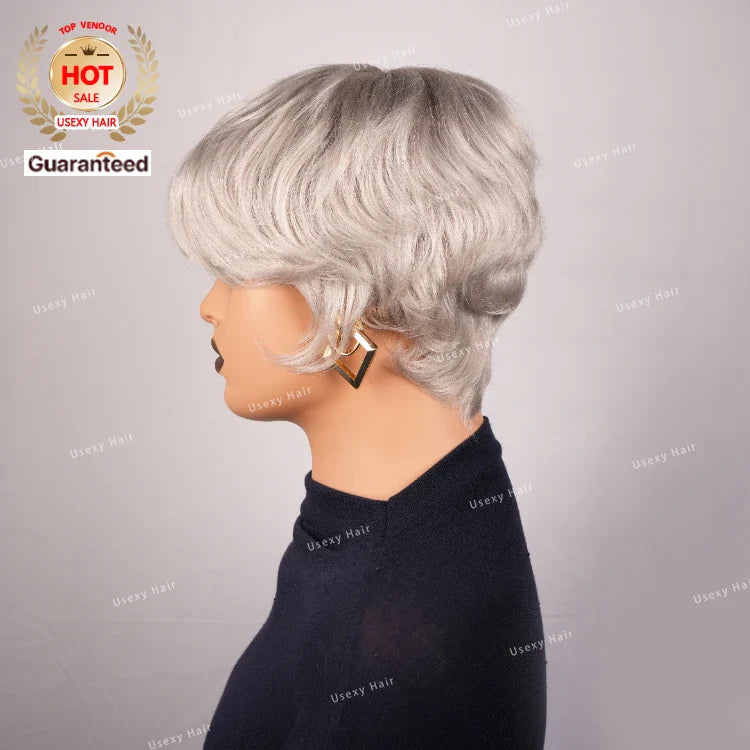Pixie Cut Silver Grey Short Straight Bob Human Hair Wig for Women Brazilian Remy Hair Glueless Colored Machine Made Cheap Wig