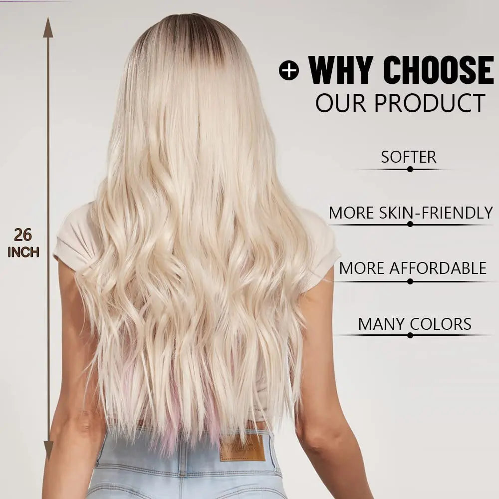 26-Inch  Straight Hair Wig Loose Wave Ombre Blonde Gradient Gold Pick Pink Long Curly  High-Temperature Fiber Styles Women