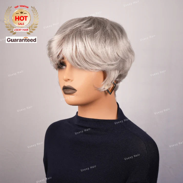 Pixie Cut Silver Grey Short Straight Bob Human Hair Wig for Women Brazilian Remy Hair Glueless Colored Machine Made Cheap Wig