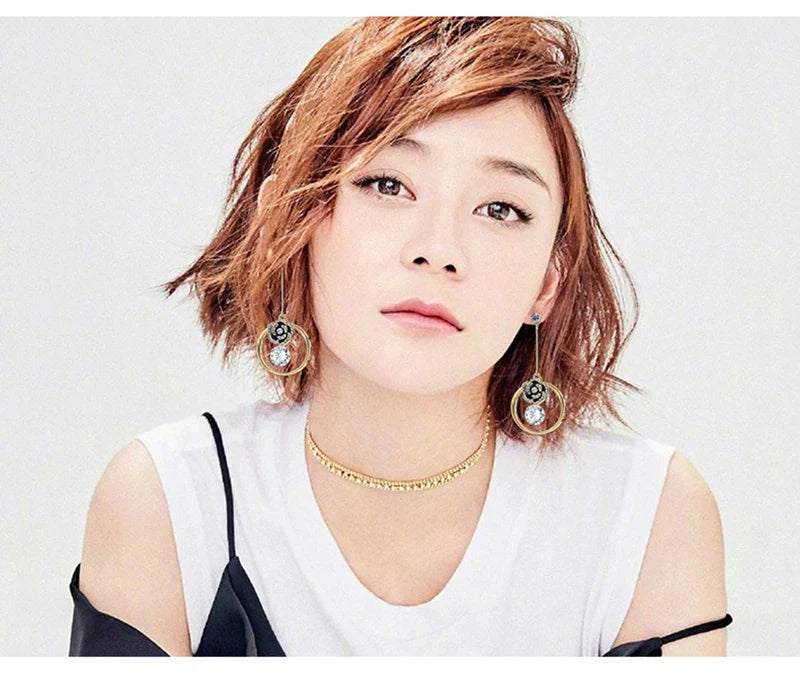 Korea Fashion Black Enamel Camellia Earrings Women Luxury brand Long Big Cubic Zirconia Drop Earrings Wedding Jewelry Z277