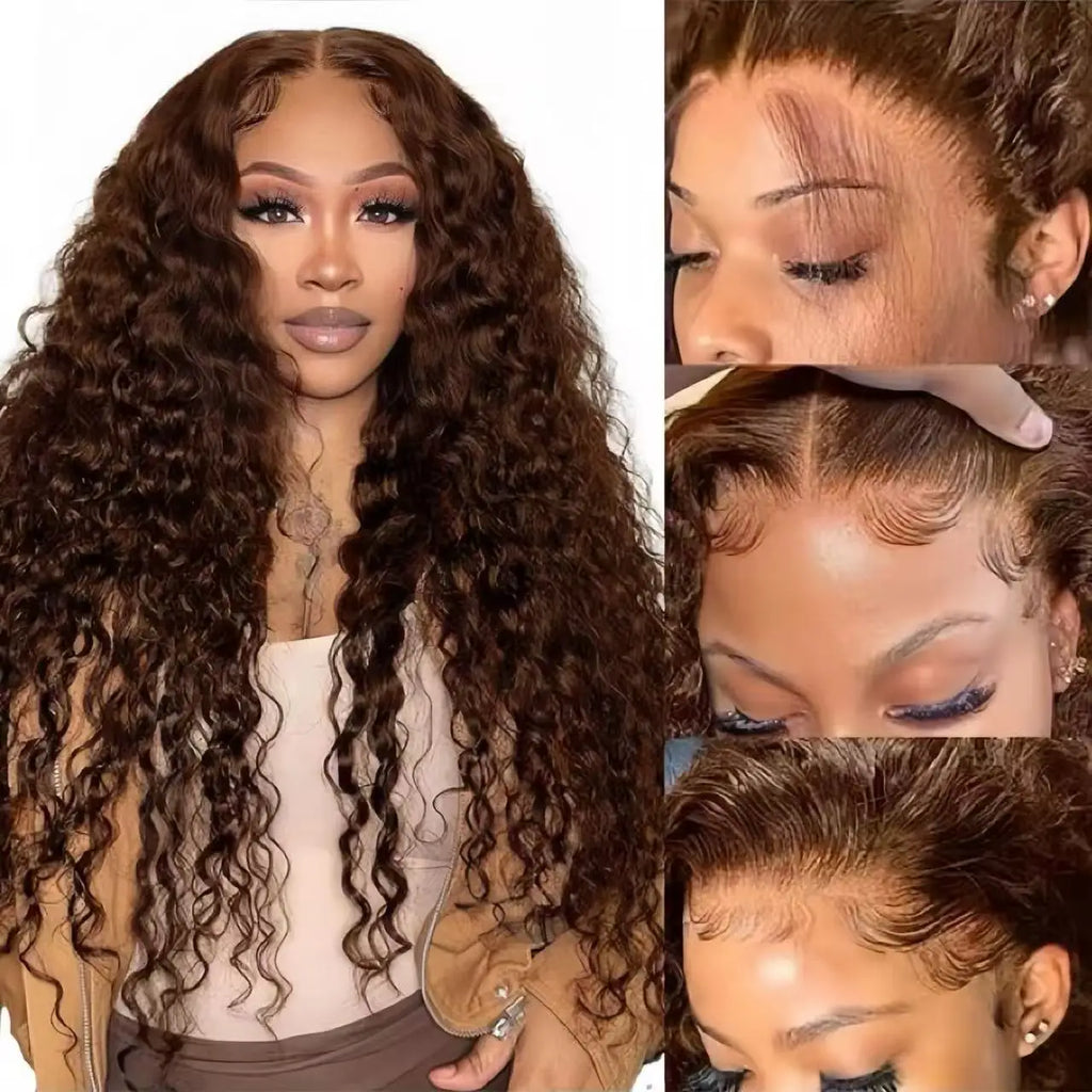 13x6 Light Brown Deep Wave Curly  HD Lace Front Wig Brazilian Remy Human Hair Glueless Lace Frontal Closure Wig for Black Women