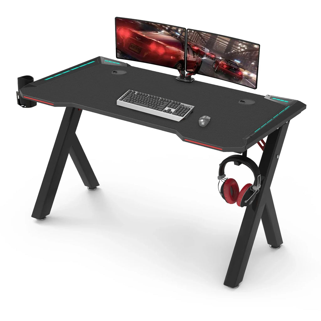 Gaming Desk PC Computer Gamer Desk Ergonomic Workstation with RGB LED Lights Headphone Hook Cup Holder for Home Offices