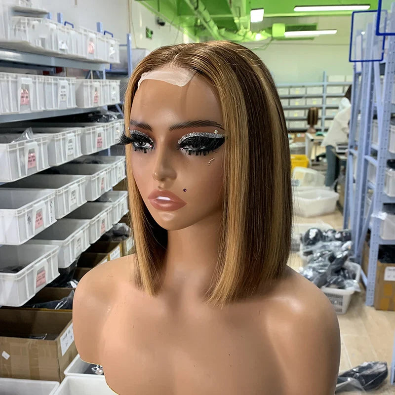 Short Medium Split Non-glue Human Hair Wig Double Straightened Bob Front Lace 6-12 Inches Black Transparent European Hair Mix