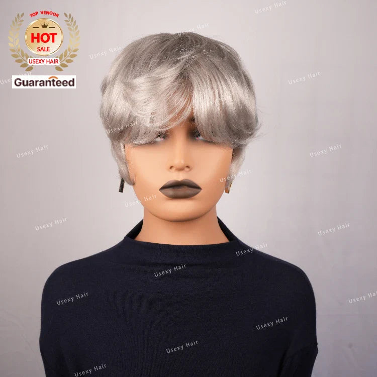 Pixie Cut Silver Grey Short Straight Bob Human Hair Wig for Women Brazilian Remy Hair Glueless Colored Machine Made Cheap Wig