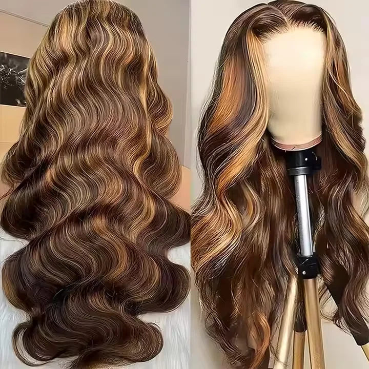 Highlight Human Hair Wigs Body Wave 4x4 HD Transparent Lace Front Wig Pre Plucked Ombre Brown Blonde Vietnamese Hair Wig