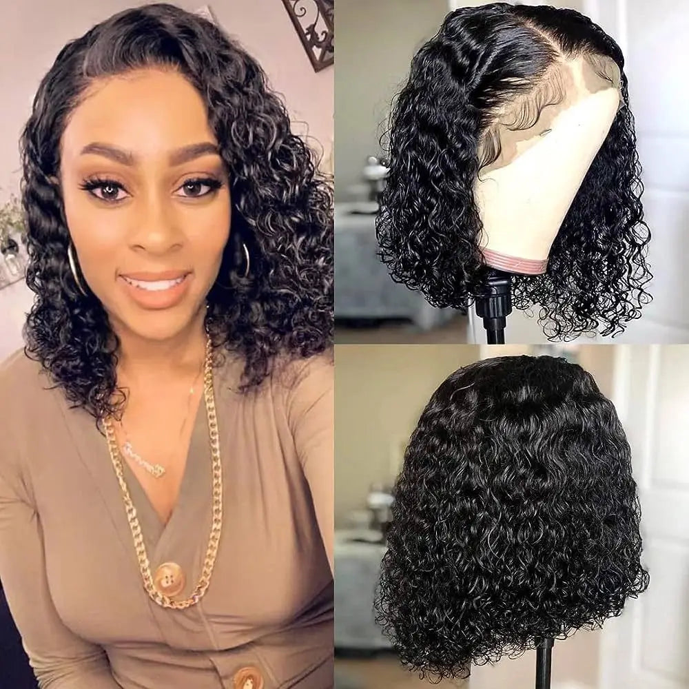 10-16 Inch Water Wave Curly Short Bob Style 13x4 4x4  Frontal Lace Hair Wig Natural Real Brazilian Human Hair Women's Wig