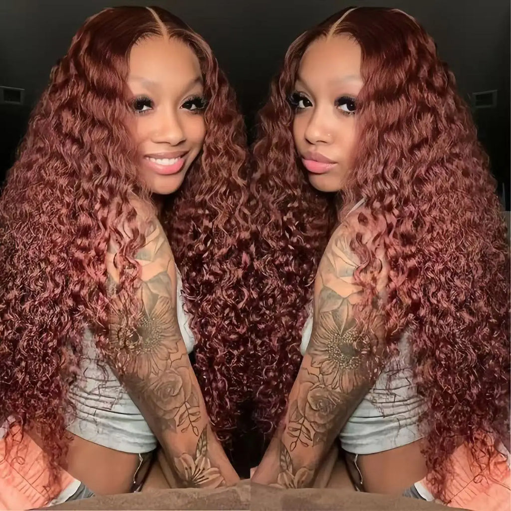 Reddish Brown Curly Lace Front Wig Human Hair Wig Deep Wave 13x4 HD Lace Frontal Wigs With B’by Hair for Women 180% Density